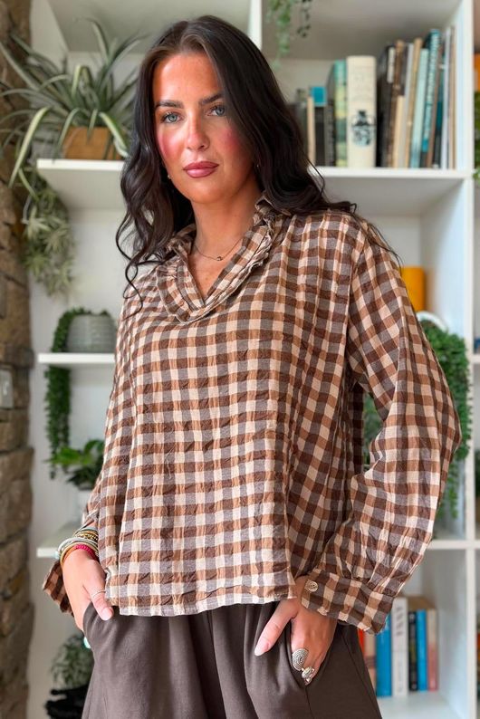 Bibi Gingham Frill Neck Shirt Naturals